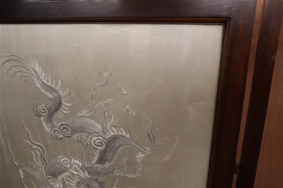 A Chinese couched and embroidered silk dragon firescreen W.69cm